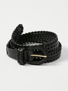 Ann Taylor Black Woven Faux Leather Belt with Silver Buckle-XS
